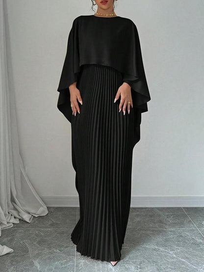 Elegant Pleated Maxi Dress for Women - Cloak Sleeve, Round Neck - Perfect for Parties, Weddings, Holidays, & Valentine’s Day Gif