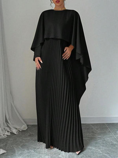 Elegant Pleated Maxi Dress for Women - Cloak Sleeve, Round Neck - Perfect for Parties, Weddings, Holidays, & Valentine’s Day Gif