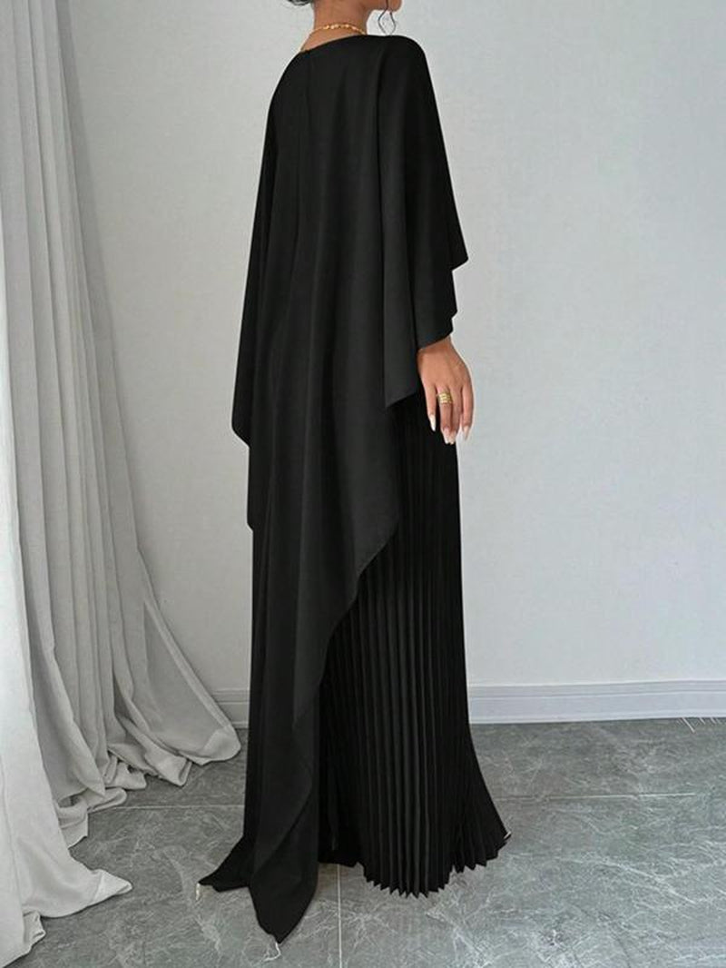 Elegant Pleated Maxi Dress for Women - Cloak Sleeve, Round Neck - Perfect for Parties, Weddings, Holidays, & Valentine’s Day Gif