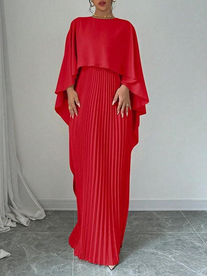 Elegant Pleated Maxi Dress for Women - Cloak Sleeve, Round Neck - Perfect for Parties, Weddings, Holidays, & Valentine’s Day Gif