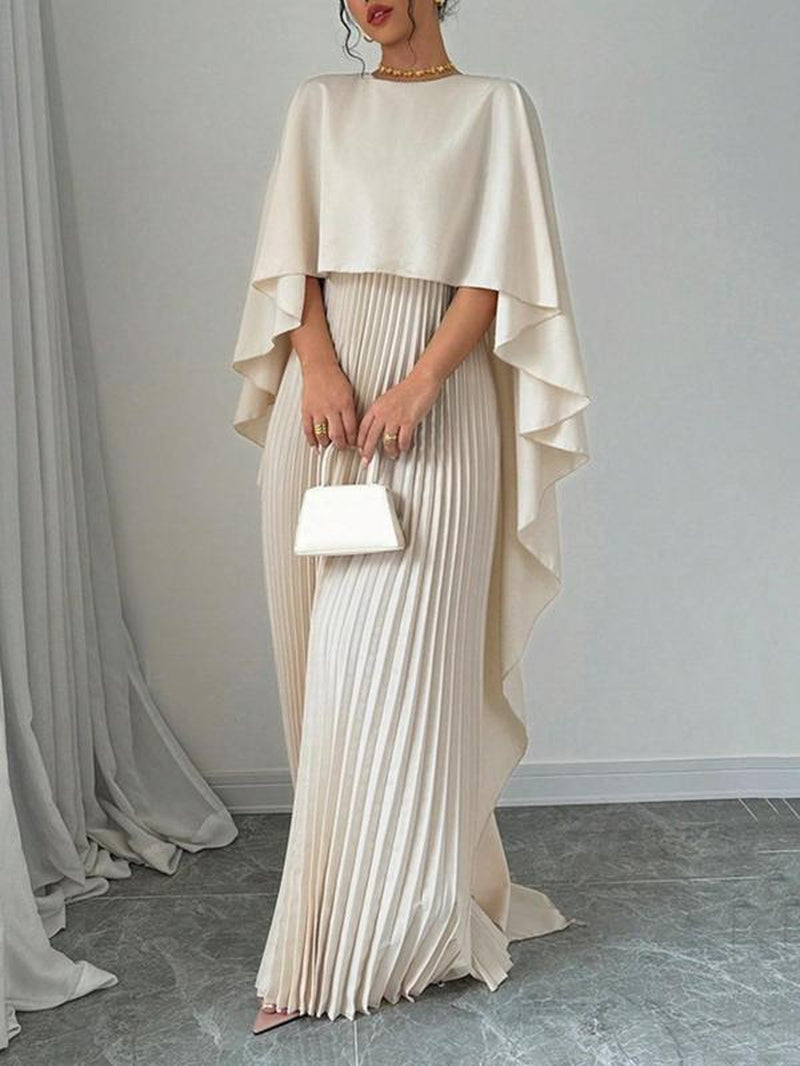 Elegant Pleated Maxi Dress for Women - Cloak Sleeve, Round Neck - Perfect for Parties, Weddings, Holidays, & Valentine’s Day Gif