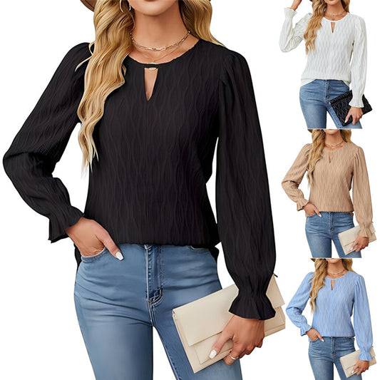 Jacquard Round Neck Long Sleeve Top Women's Clothing