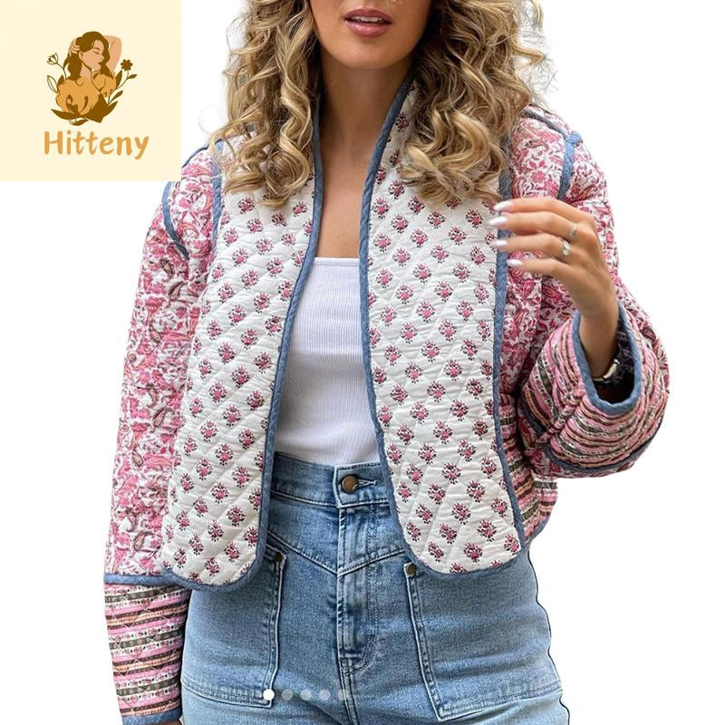 Women's Floral Print Short Puffer Jacket with Stand Collar - Quilted Coat for Fall and Winter, Long Sleeve Padded Outerwear, 2024 Winter Collection, Ladies' Winter Apparel