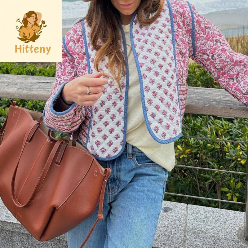 Women's Floral Print Short Puffer Jacket with Stand Collar - Quilted Coat for Fall and Winter, Long Sleeve Padded Outerwear, 2024 Winter Collection, Ladies' Winter Apparel