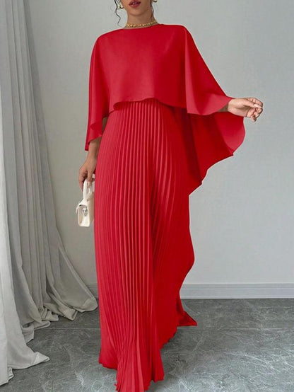 Elegant Pleated Maxi Dress for Women - Cloak Sleeve, Round Neck - Perfect for Parties, Weddings, Holidays, & Valentine’s Day Gif