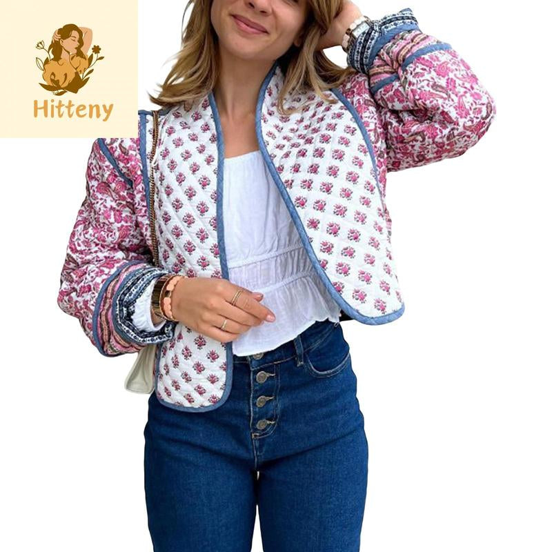 Women's Floral Print Short Puffer Jacket with Stand Collar - Quilted Coat for Fall and Winter, Long Sleeve Padded Outerwear, 2024 Winter Collection, Ladies' Winter Apparel