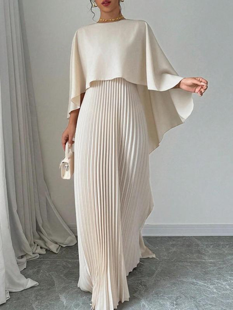 Elegant Pleated Maxi Dress for Women - Cloak Sleeve, Round Neck - Perfect for Parties, Weddings, Holidays, & Valentine’s Day Gif