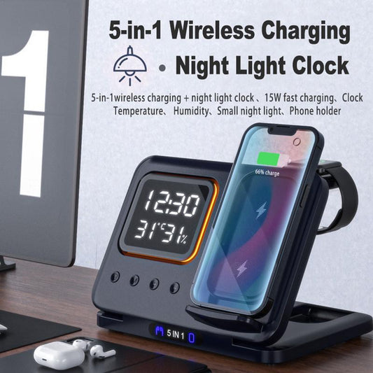 15W Wireless Chargers Stand 5 In1 LED Digital Alarm Clock Fast Charging Dock Station