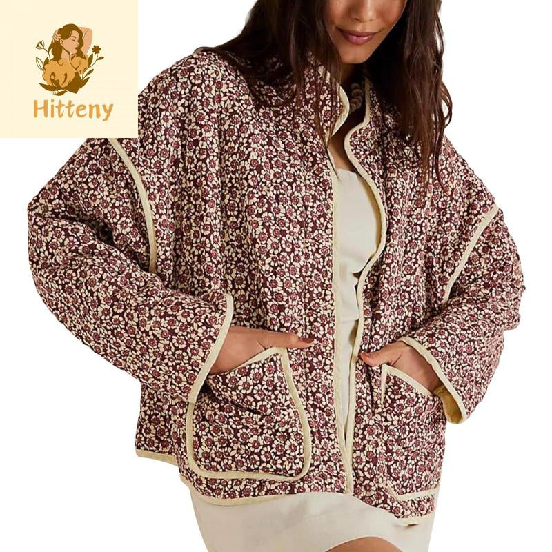 Women's Floral Print Short Puffer Jacket with Stand Collar - Quilted Coat for Fall and Winter, Long Sleeve Padded Outerwear, 2024 Winter Collection, Ladies' Winter Apparel